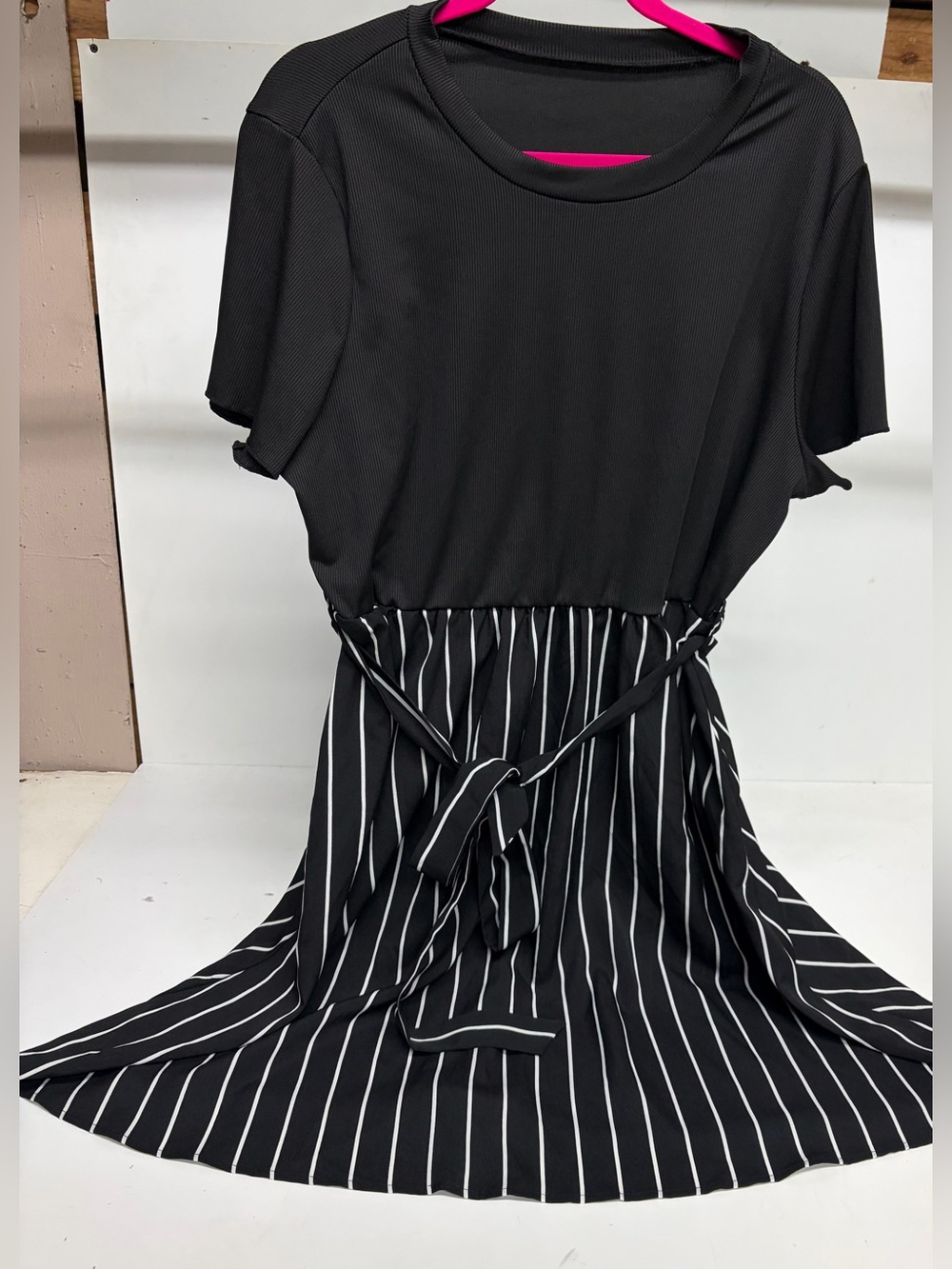Black Striped Waist-Tie Women’s Dress
